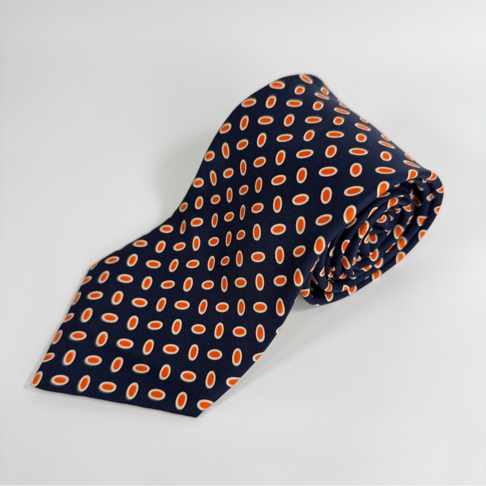 Brooks Brothers Makers Mens Necktie Silk Oval Blue Orange Geometric Made USA 3.7
